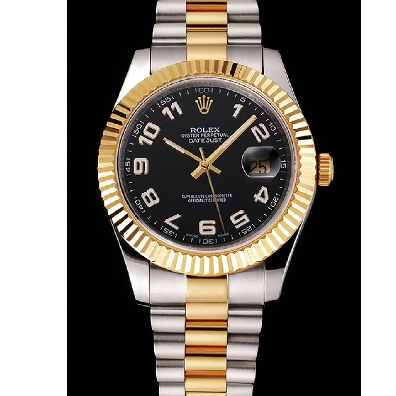 Aaa fake watches Gold Bezel Case Bracelet Swiss Tone Dial Steel Two Datejust Stainless Rolex Black 0825